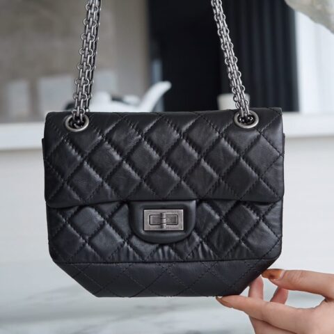 CHANEL 复刻2.55 Mini正品皮口盖包 A37585黑色银扣