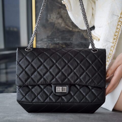 CHANEL 复刻2.55 大号正品皮口盖包 A37587黑色银扣