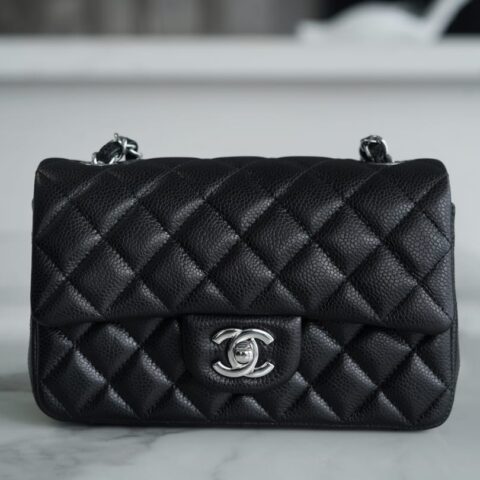 CHANEL Classic Flap CF20CM 正品皮荔枝纹黑色银扣Mini口盖包 A01116