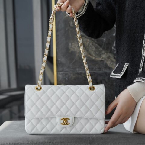 Chanel CF25 Classic flap bag A01112白色金扣