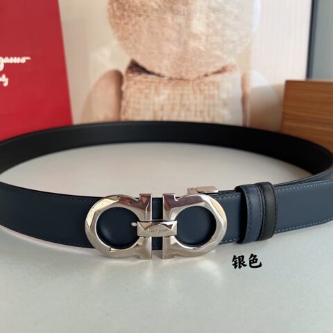 Salvatore  Ferragamo菲拉格慕男士3.5cm精致双圈原版菱形扣搭配头层牛皮双面腰带