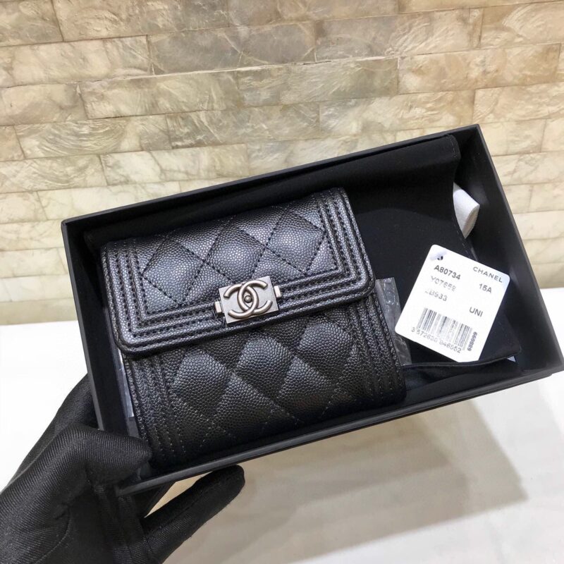 CHANEL 原单进口球纹 短三折钱夹 A80734黑色银扣