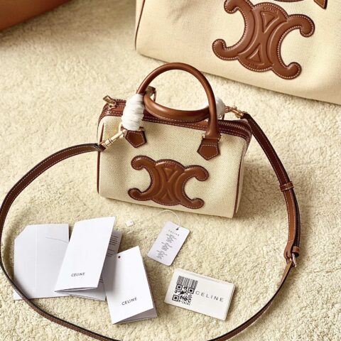 CELINE赛琳CUIR TRIOMPHE小号麻布/牛皮波士顿包197582