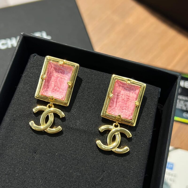 新款☑️CHANEL香奈儿c2双c粉色方形耳钉耳环