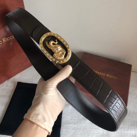 STEFANO RICCI史蒂芬.劳尼治专柜款精钢大象镶嵌钻金属挂扣3.8cm腰带