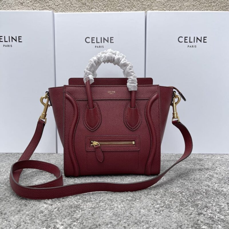 CELINE赛琳酒红色荔枝纹LUGGAGE NANO转鼓小牛皮手袋189243