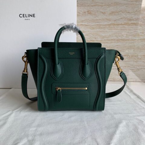 CELINE赛琳墨绿色荔枝纹LUGGAGE NANO转鼓小牛皮手袋189243