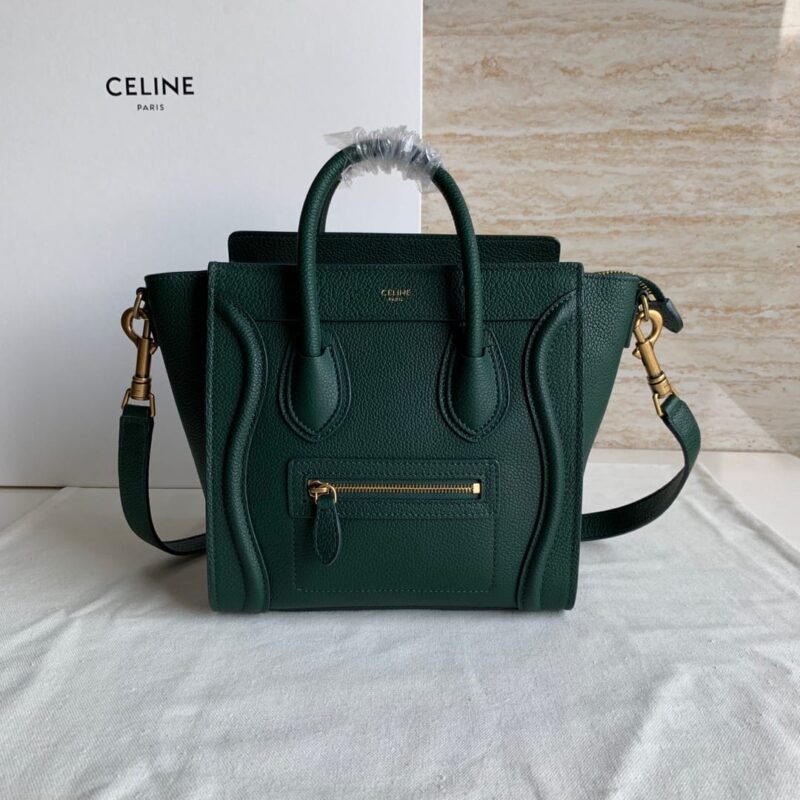 CELINE赛琳墨绿色荔枝纹LUGGAGE NANO转鼓小牛皮手袋189243