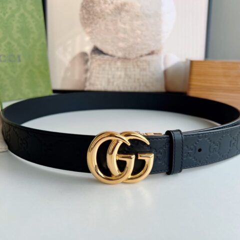 Gucci古驰男士头层牛皮压花金属旋转扣腰带3.5cm