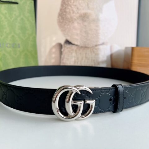Gucci古驰男士头层牛皮压花金属旋转扣腰带3.5cm
