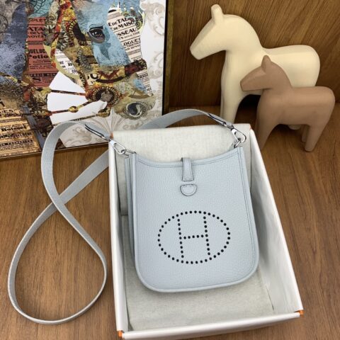Hermès Mini  Evelyn 伊芙琳 17cm进口Clemence皮 蜡线手缝  TO圣杯蓝 银扣