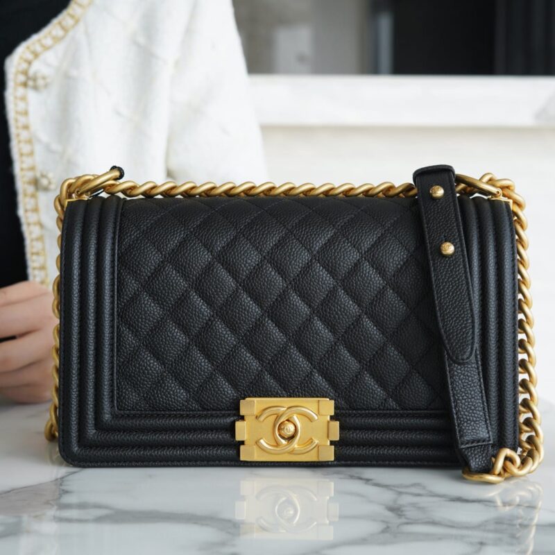 CHANEL Leboy 25 正品皮大球纹中号口盖包 A67086黑色/金扣