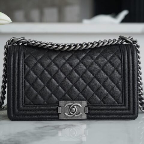 CHANEL Leboy 25 正品皮大球纹中号口盖包 A67086黑色/银扣