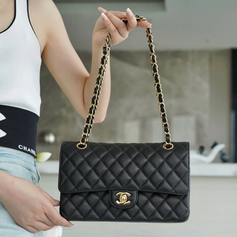 CHANEL CF Classic flap 25CM 进口皮细球纹口盖包 A01112黑色/金扣