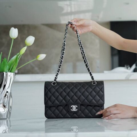 CHANEL CF Classic flap 25CM 进口皮细球纹口盖包 A01112黑色/银扣