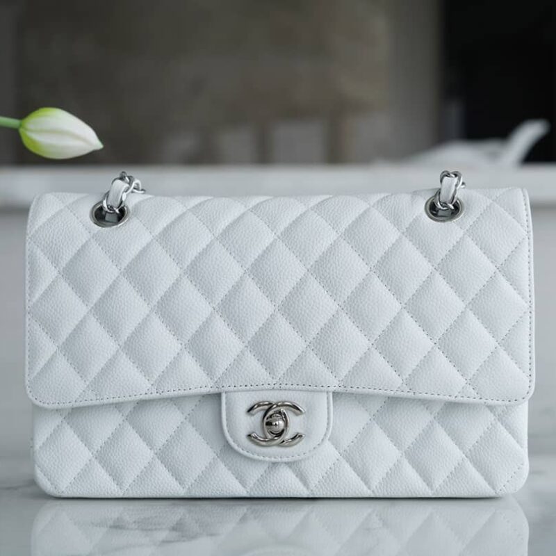 CHANEL CF Classic flap 25CM 进口牛皮鱼子酱口盖包 A01112白色/银扣