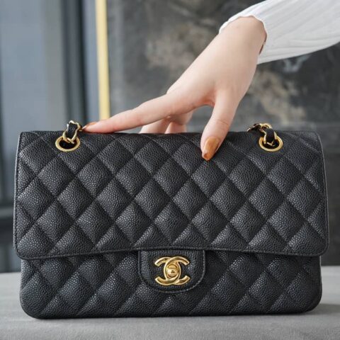 CHANEL CF Classic flap 25CM 进口牛皮大球纹口盖包 A01112黑色/金扣