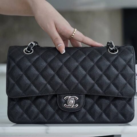 CHANEL CF Classic flap 25CM 进口牛皮大球纹口盖包 A01112黑色/银扣