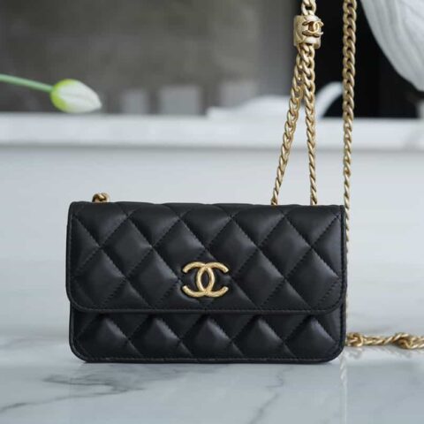 CHANEL 22K小金柱新款链条口盖手机包 AP3047黑色