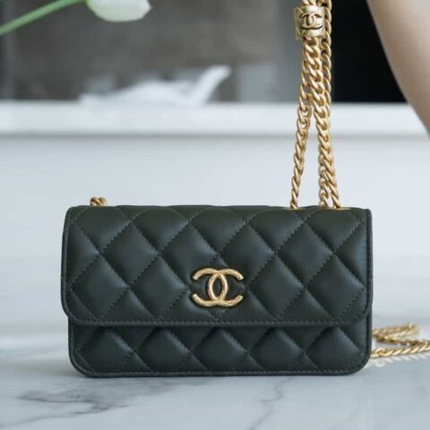 CHANEL 22K小金柱新款链条口盖手机包 AP3047古巴绿
