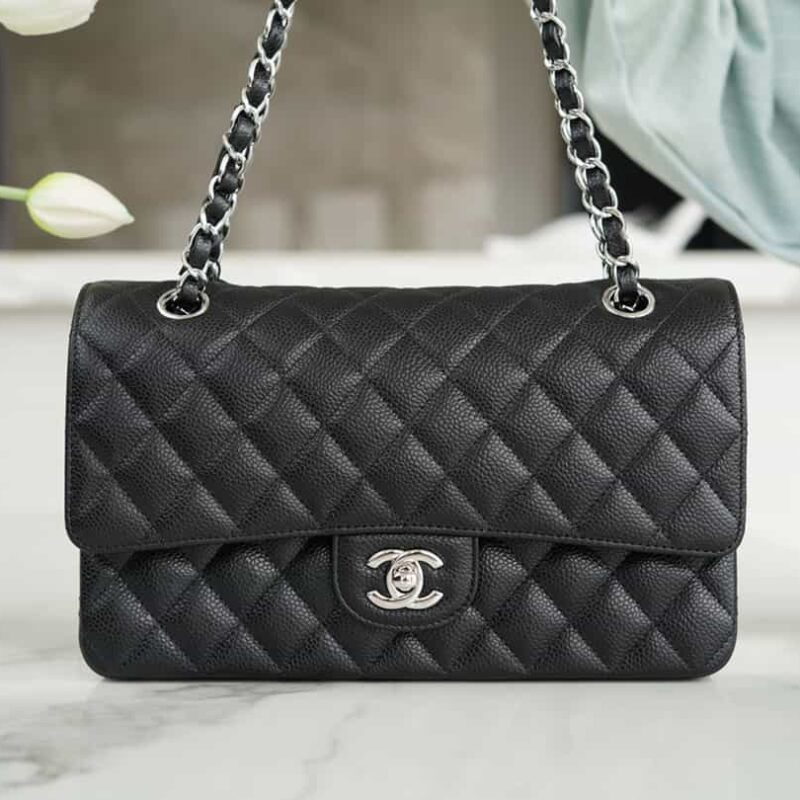 CHANEL CF Classic flap 25CM 原厂荔枝纹牛皮中号黑色银扣 A01112