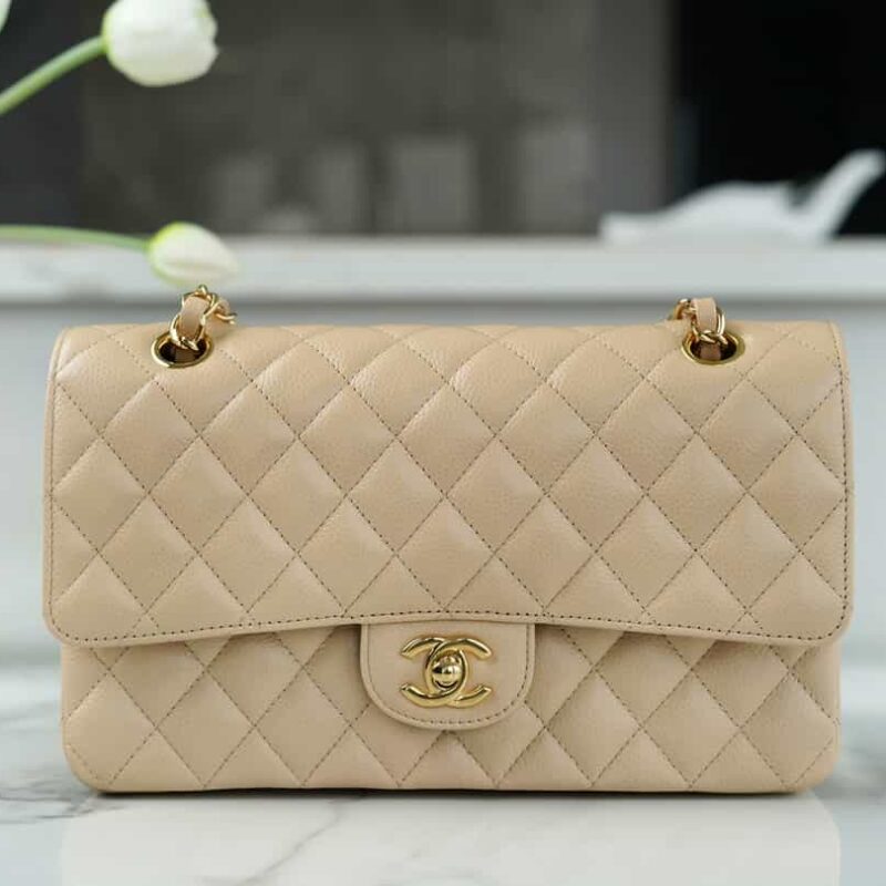 CHANEL CF Classic flap 25CM 正品皮鱼子酱 中号 杏色 A01112