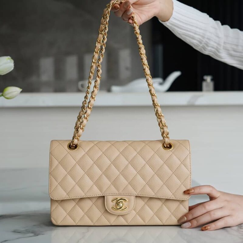 CHANEL CF Classic flap 25CM 正品皮鱼子酱 中号 杏色 A01112