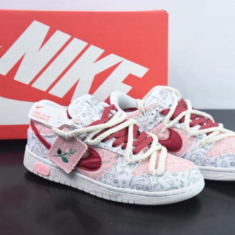 NK SB Dunk Low 解构抽绳低帮 白粉红腰花  印花 货号：DJ9955-100