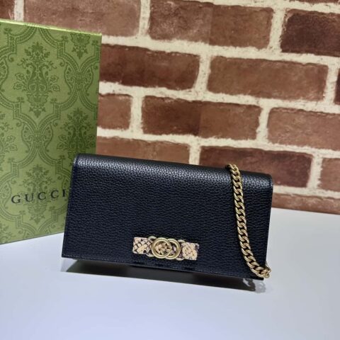 GUCCI古驰饰互扣式双G蟒蛇皮蝴蝶结链条钱包746056