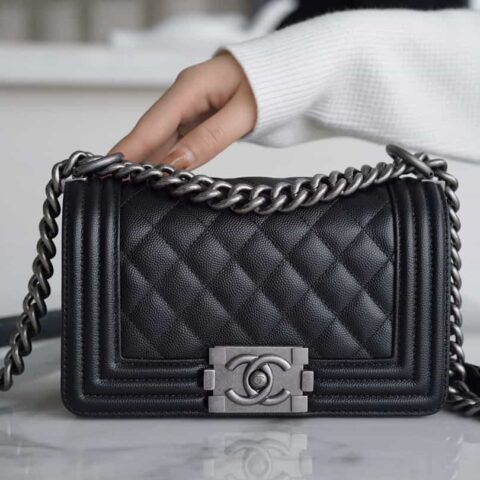 CHANEL LEBOY 20 正品皮小球纹 黑银小号 A67085