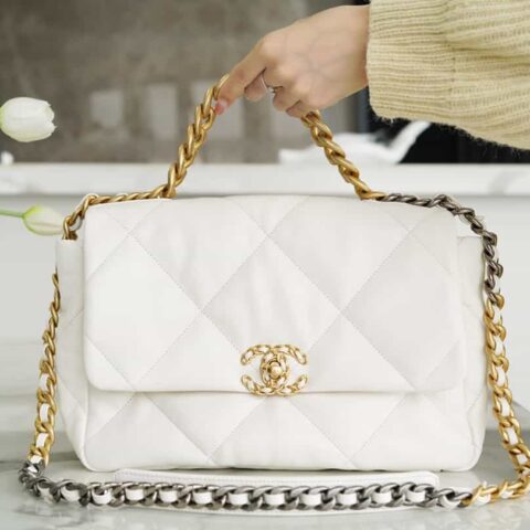 CHANEL 正品皮 中号30CM 19BAG AS1161白色/金扣