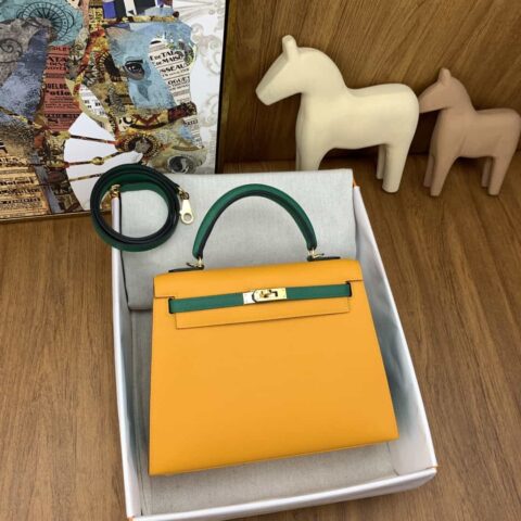 Hermès 凯莉25cm 掌纹皮 9V太阳黄拼U4丝绒绿 金扣 马蹄印 手缝