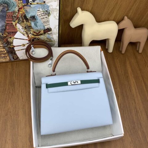 Hermès 凯莉25cm 掌纹皮 雾霾蓝拼O6帝王绿拼金棕 银扣 马蹄印 手缝