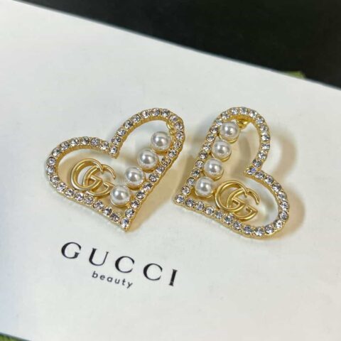 新款古驰gucci双G字母珍珠爱心桃心耳钉耳环