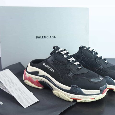 Balenciaga巴黎世家 Triple S织物 标识刺绣 时尚凉拖 男款 巴黎世家半拖鞋黑红