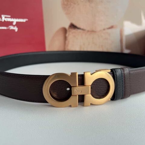 Ferragamo菲拉格慕   8字金属夹扣头层牛皮纹理腰带3.5cm