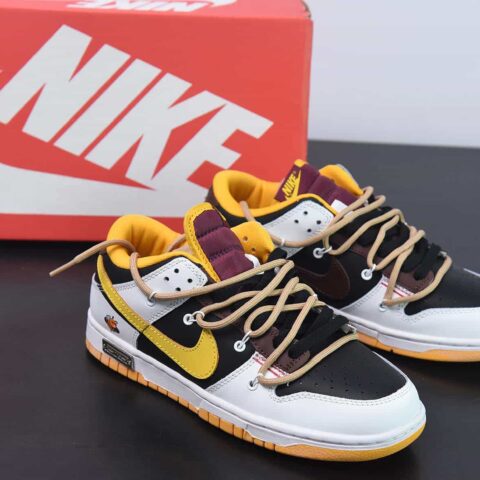 NIKE SB Dunk Low 定制白黑黄绑带解构低帮运动鞋