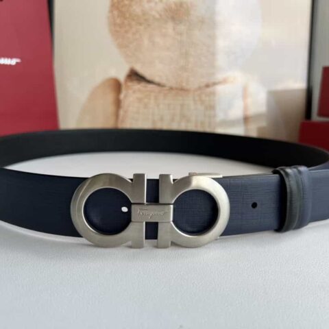 Ferragamo菲拉格慕   双面头层牛皮蓝/黑皮质男士3.5cm腰带