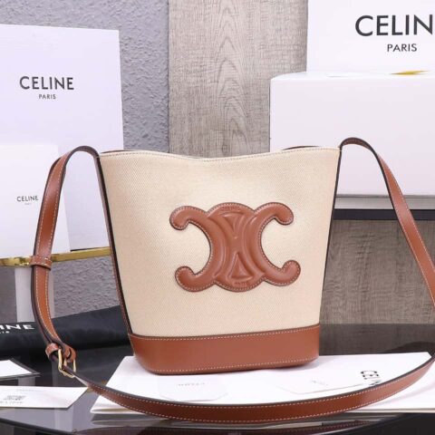 【特级品质 全钢五金】 23s新品｜CELINE CUIR TRIOMPHE小号条纹织物牛皮水桶包 23s新织物系列 编号：198243DU3.04LU