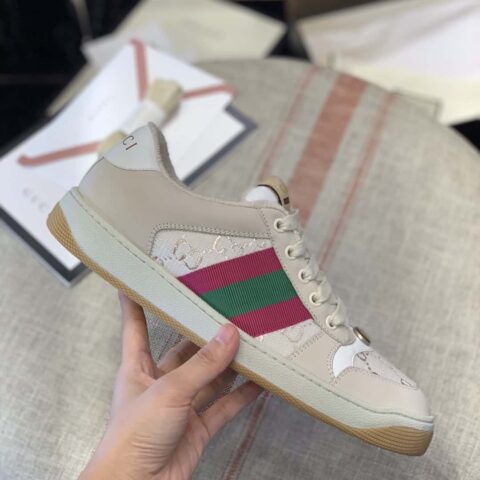 GUCCI GG金银丝线 粉色和绿色织带 女款运动鞋