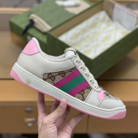 GUCCI GG帆布 粉色和绿色织带 女款小脏鞋