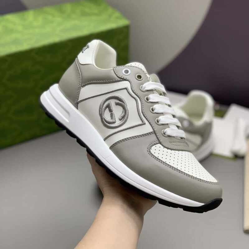 GUCCI 灰白牛皮 刺绣logo 男士运动休闲鞋