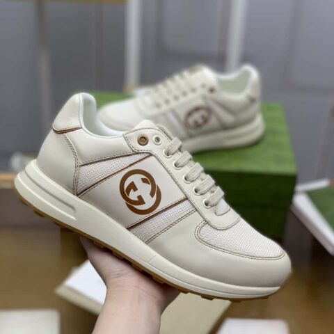 GUCCI 米色牛皮拼米色网布 男士运动跑鞋