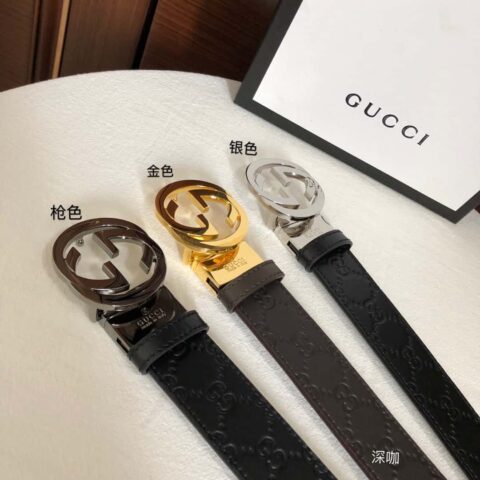 GUCCI 双G旋转金属扣 logo压纹皮带36mm 男士腰带