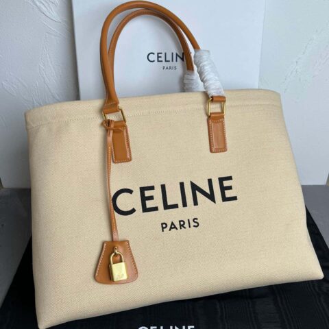 CELINE Tote白色织布小牛皮沙滩购物包 型号；190062