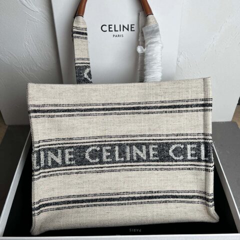 独家CELINE 23s｜夏季新品织物牛皮革tote Cacbs 23s最新系列｜CABAS THAIS大号CELINE提花条纹织物手袋型号：196762