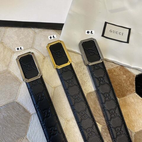 GUCCI 方形金属扣 35mm 双G压纹进口牛皮腰带