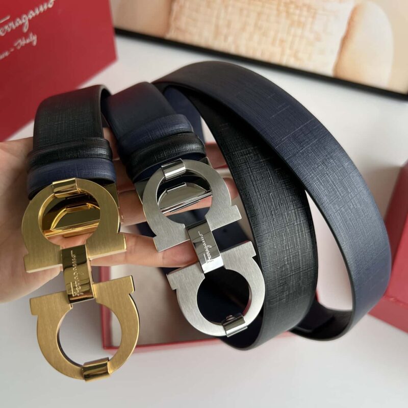 Ferragamo菲拉格慕 精钢8字金属拉丝夹扣 双面头层牛皮腰带 3.5cm