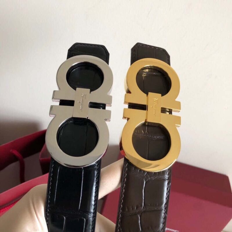Ferragamo菲拉格慕 3.5cm精致双圈金属挂扣 鳄鱼纹腰带