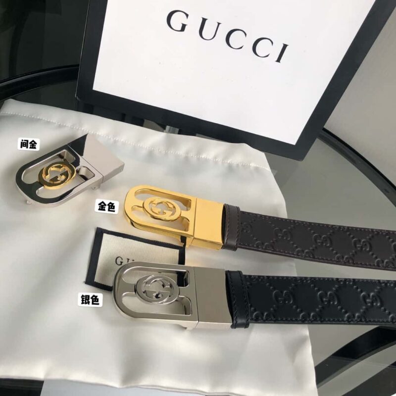 Gucci古驰互扣式G搭扣头层牛皮压花腰带 3.5cm